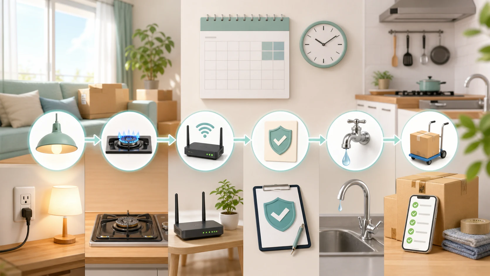 入居前の電気、ガス、Wi-Fi、水道、保険、引っ越し準備を順番に確認するイメージ