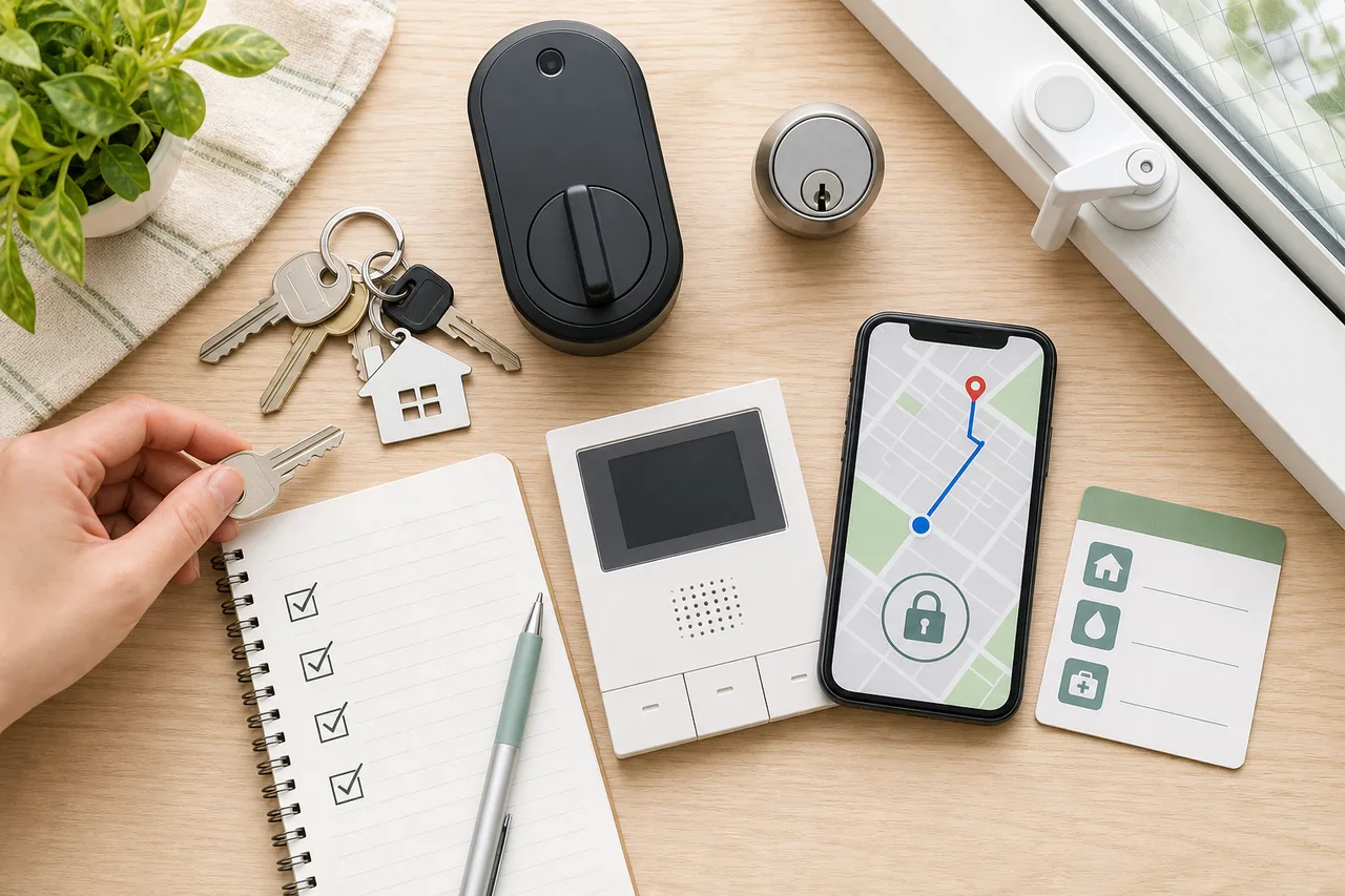 鍵、スマートロック、窓の補助錠、インターホン、帰宅ルートを並べて確認するイメージ